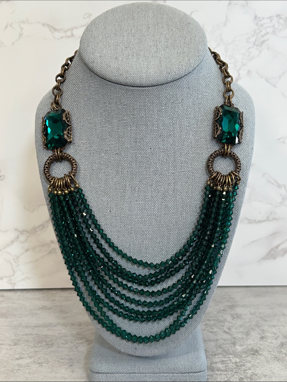Vintage Unsigned Jan Michaels Emerald Green Multi-Strand Crystal Necklace